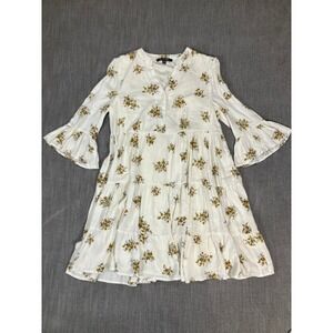 Laurel Grey Floral Tiered Babydoll Dress White Yellow Bell Sleeve Womens Small